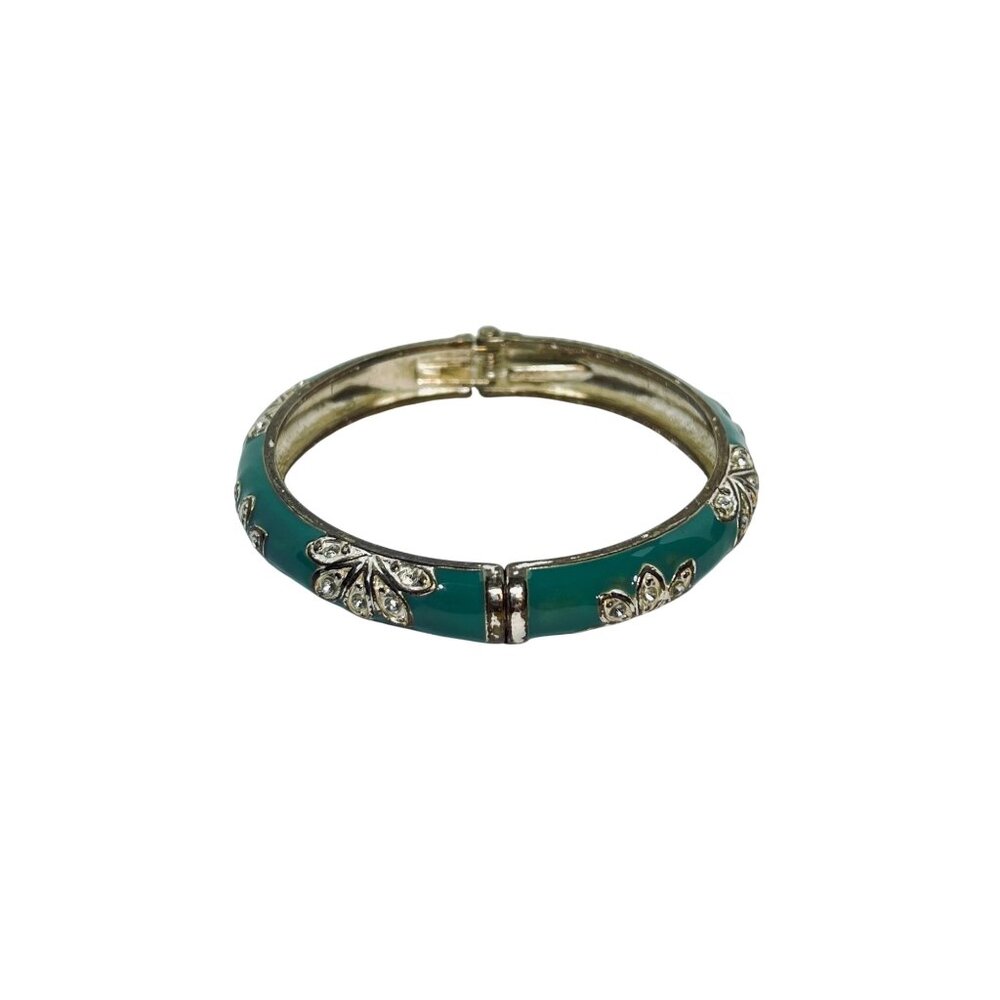 Gold Tone Blue Enamel And Rhinestone Hinged Bangle Bracelet (6152) - Picture 2 of 3